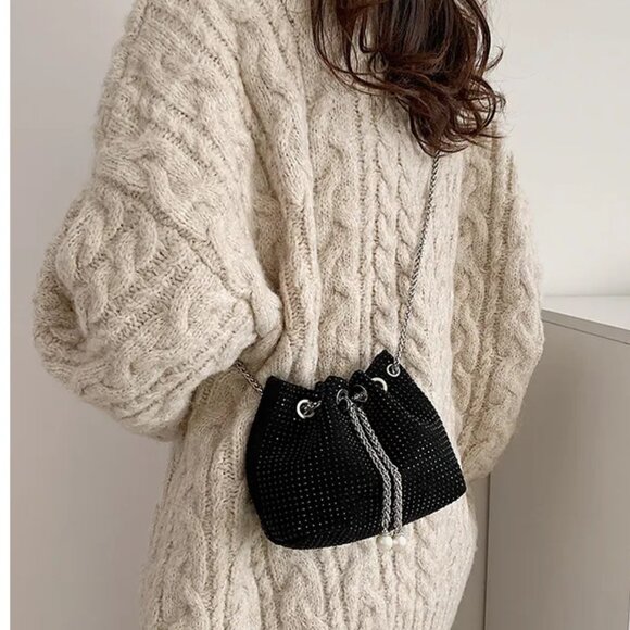 2/$30 Black Sequin Leather Bucket Bag Pearl Chain Crossbody Shoulder Tassel - Picture 6 of 6